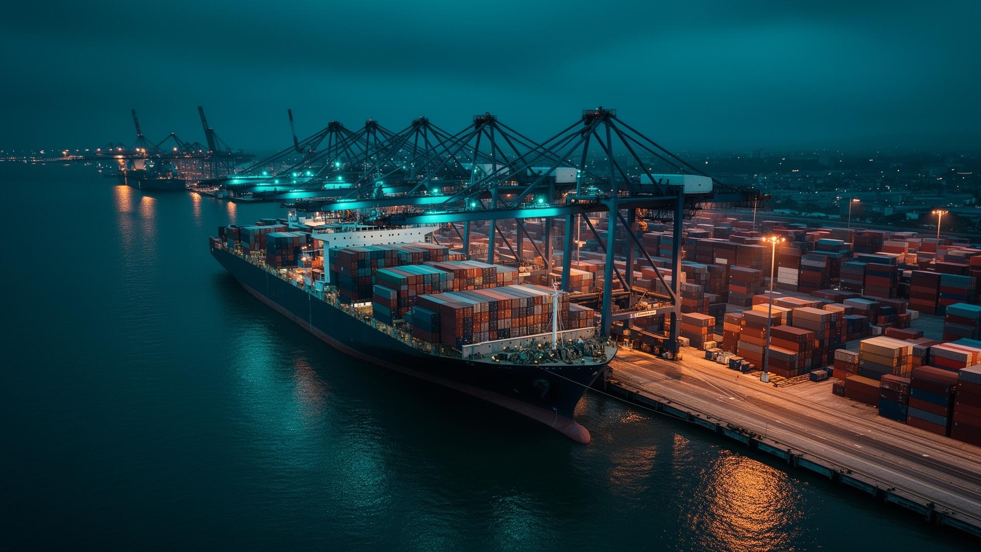Container ship being loaded at port at dusk